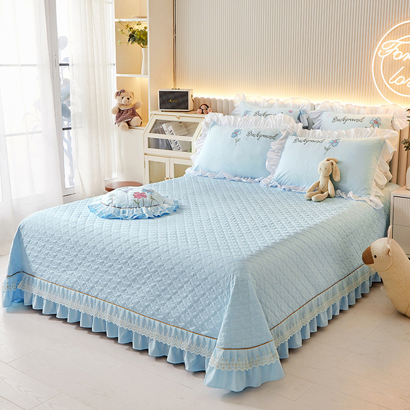 95n韩式床盖单件夹棉绗缝花边少女心公主风榻榻米床单三件套四季