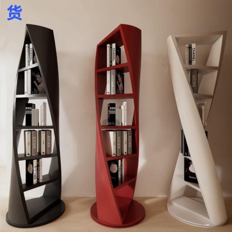 4I酒红色烤漆书架实木旋转书柜圆形置物架现代简约异形装饰展示架