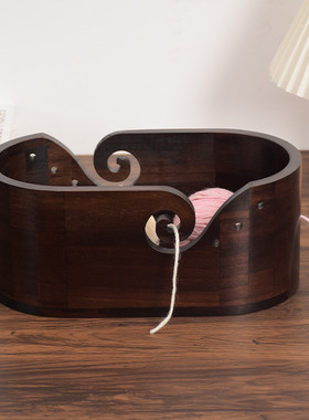 复古色实木椭圆形毛线碗家用毛线收纳碗带孔家收纳用工具