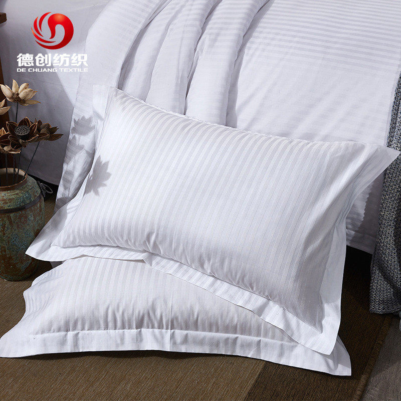 酒店宾馆床上用品草布1cm缎条四件套棉白色床单被套工厂定制批发