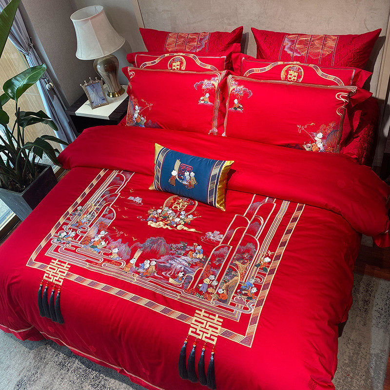 高端婚庆100四件套全棉床垫长绒棉绣花支贡缎结婚大红刺绣床品