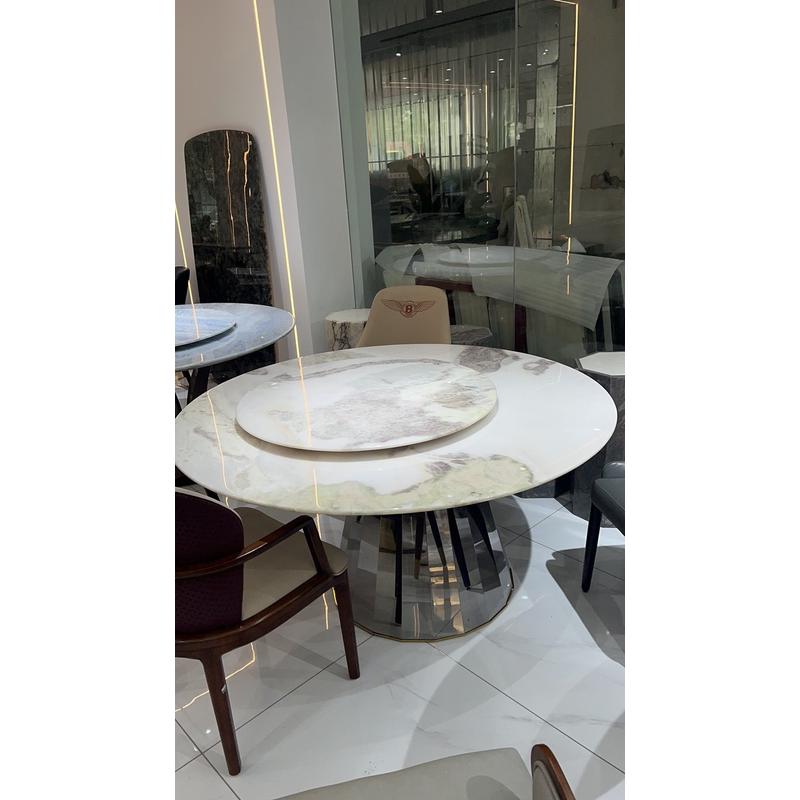 高端奢石餐桌高档家用意式轻奢天然大理石长桌圆餐桌带转盘