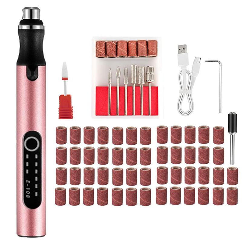 跨境USB充电迷你电磨调速美甲工具65PC雕刻磨甲E108微型旋转磨床
