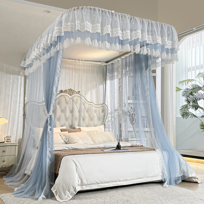 新款高档u型导轨蚊帐公主风蕾丝花边双层加密落地单双人家用纹帐
