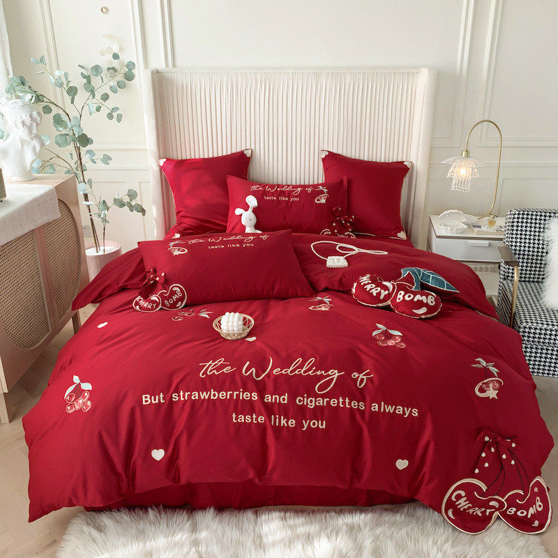 长绒棉全棉婚庆四件套高端蝴蝶结大红色刺绣被套结婚床上用品,床上用品,婚庆床品套件,淘宝优惠券,粉丝福利购,淘宝优惠卷