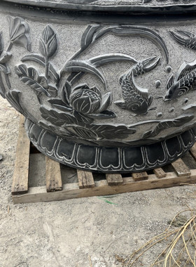 热销石头鱼缸花盆庭院青石石头水缸石雕仿古荷花鱼圆缸养鱼大石盆