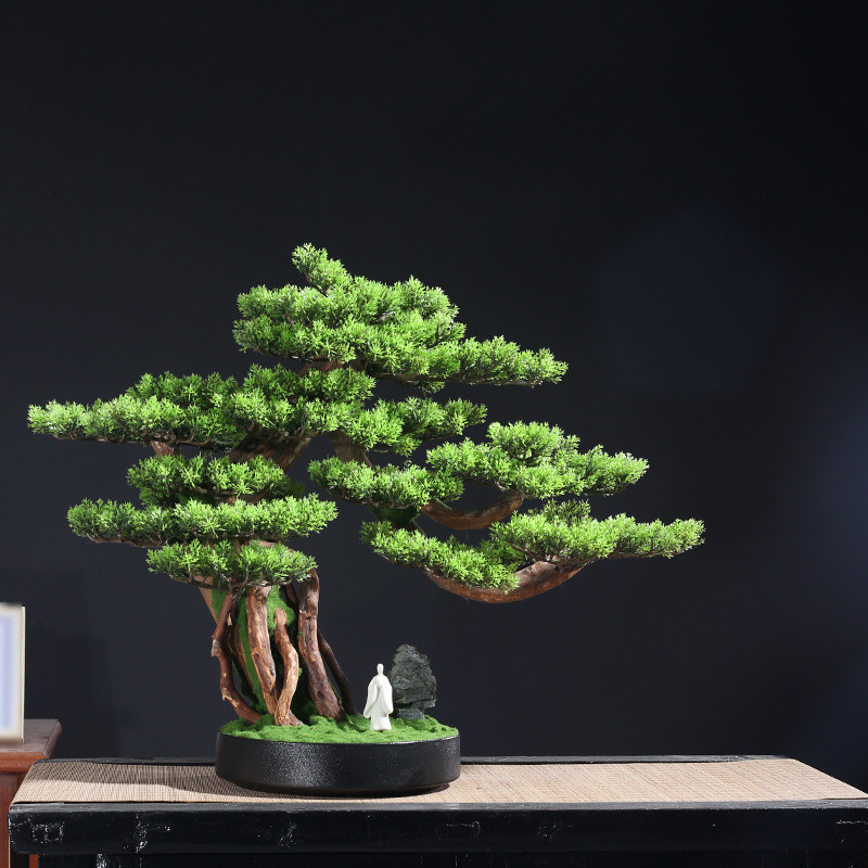 仿真迎客松创意盆景客厅桌面绿植盆栽玄关电视柜假花植物装饰摆件