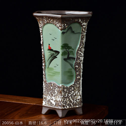 厂家直供2021新款中国风复古手绘兰花绿植陶瓷花盆六边形紫砂花盆