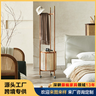 挂衣架落地卧室门口实木衣架家用白蜡木可移动脏衣篓藤编衣帽架