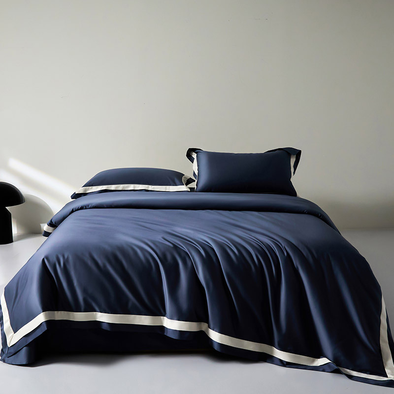 酒店风被套100s长绒棉四件套轻奢拼接全棉裸睡纯色床单款床上用品