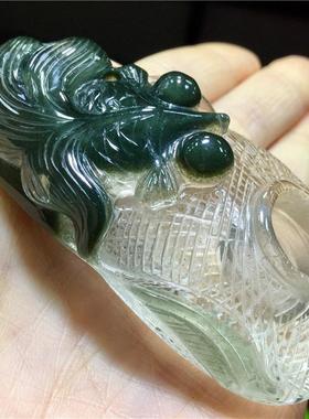 热销东海水晶天然绿幽连年色水晶金鱼鱼篓渔翁得利俏有余手把件
