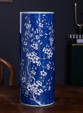 景德镇高筒青花陶瓷花瓶冰梅蓝色瓷瓶客厅摆件新中式博古架装饰品