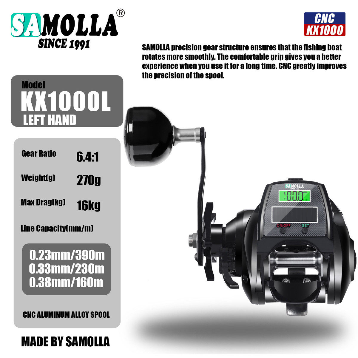 samolla宽体大号数显底座金属水滴轮打黑路亚船钓海钓鱼轮6.4:1