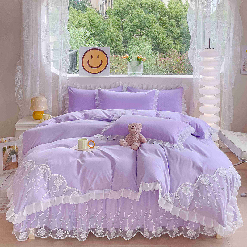 h韩式公主风床裙款四件套蕾丝少女心被套全纯色床单水洗棉床上用r