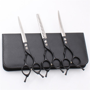 套装 6.5寸黑色美容紫龙宠物直剪平剪双尾翘剪上下弯鱼骨牙剪