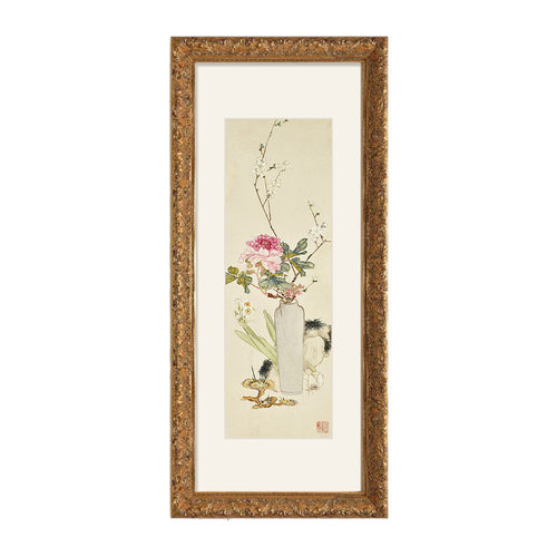玄关画中古风客厅装饰画瓶花墨梅挂画竖版民宿新中式床头书房画