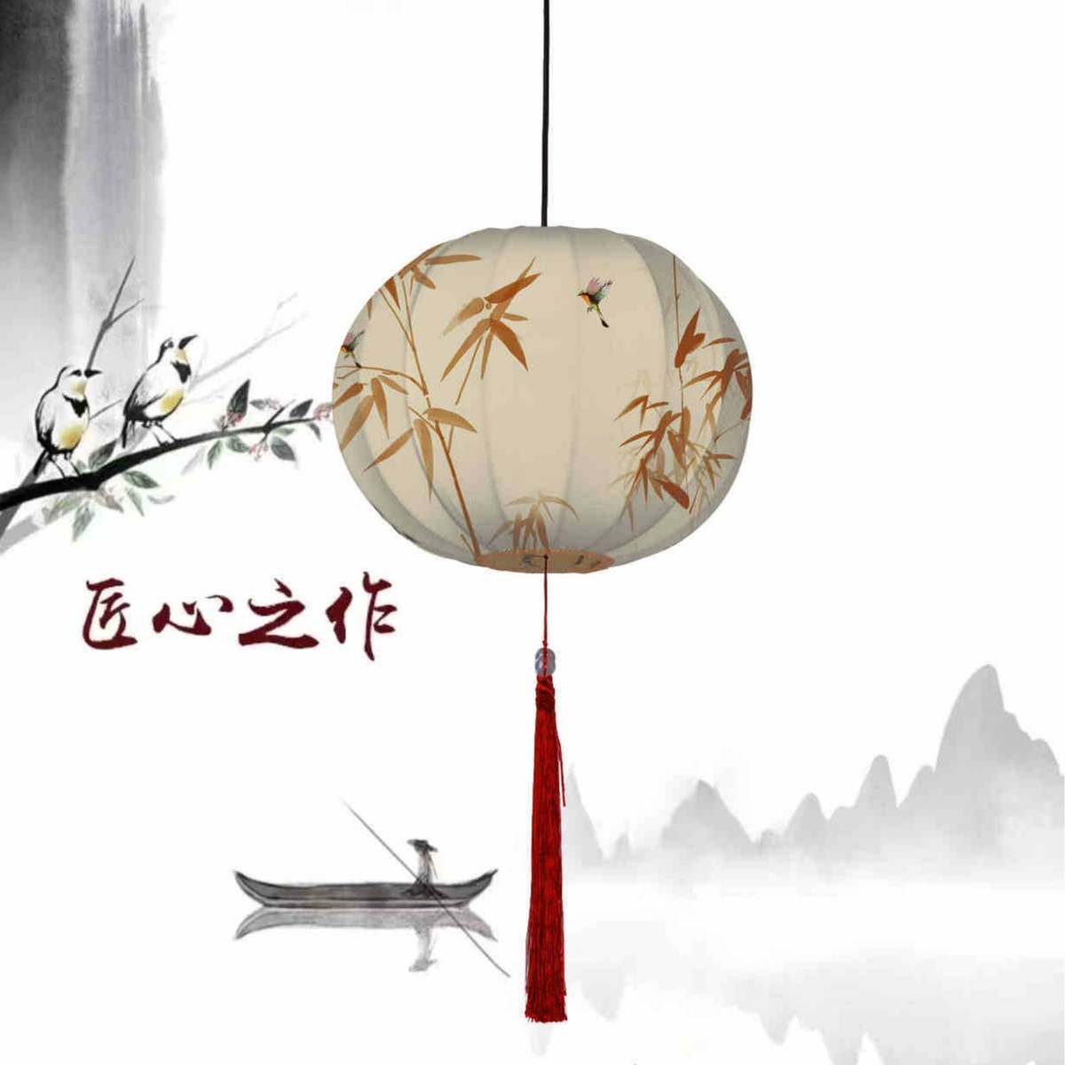 手绘彩色圆形布艺灯笼中国风广告春节景区餐厅装饰新中式创意吊灯