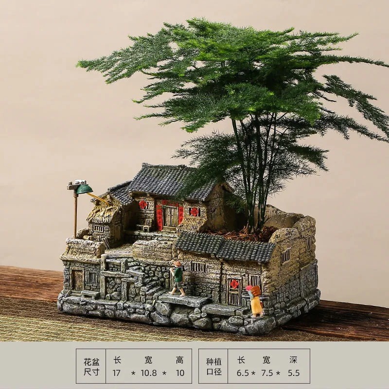 微景观中式盆景室内盆栽老房子花盆摆件田园文竹植物创意灯光可亮