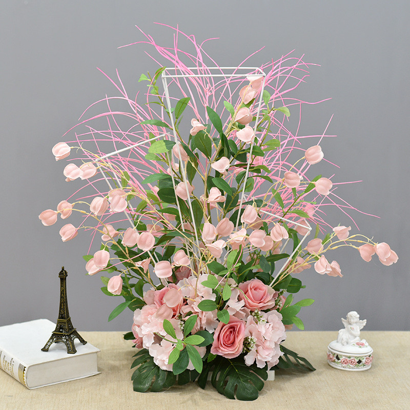 新款婚庆道具三柱铁艺仿真花成品摆件酒店婚礼t台桌花主路引花架