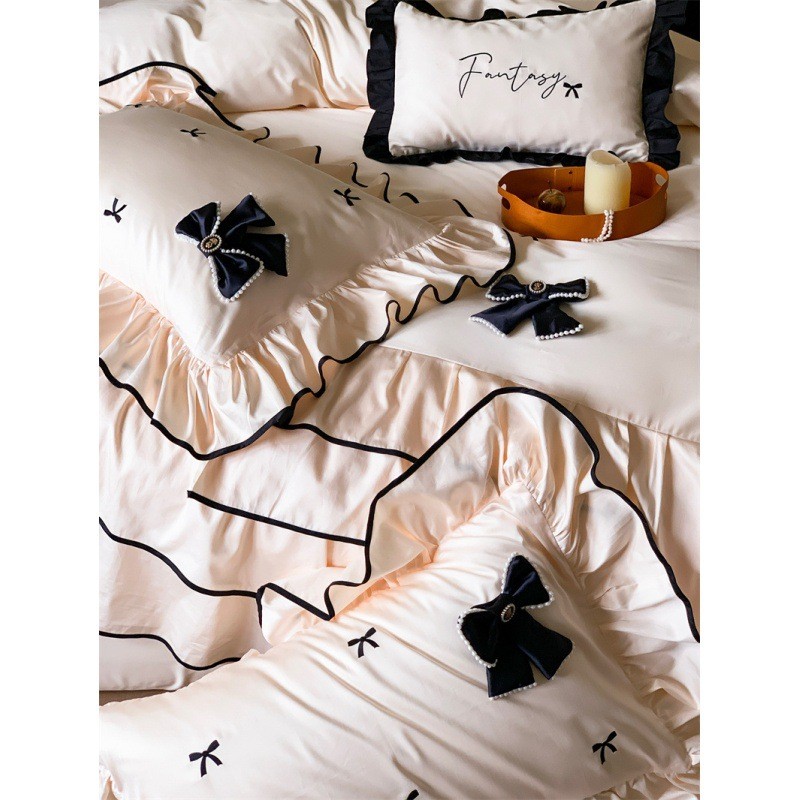 法式少女心100s蝴蝶结长绒棉四件套刺绣高支荷叶花边被套床上用品