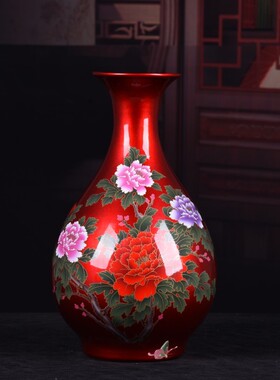 景德镇陶瓷花瓶花器红色玉壶春陶现代瓷瓶客厅家居装饰摆件批发