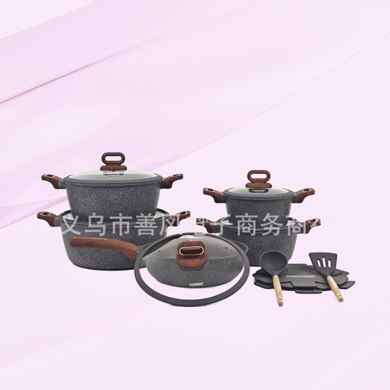 热销donnor贝厨房系列15pcs麦饭石不粘锅铝制丽家用套锅