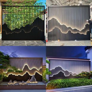 饰工程户外庭院园林金属格栅不锈钢背景墙带灯假山屏风 酒店玄关装