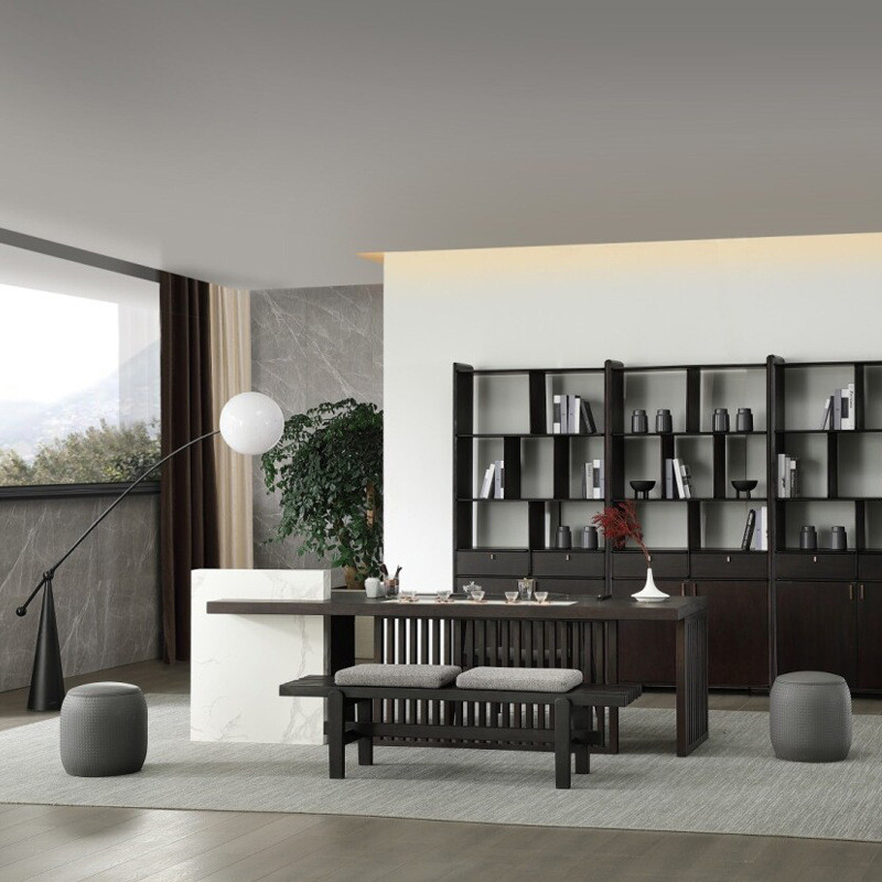 新中式茶桌椅组合禅意实木功夫家用茶台茶室空间茶馆黑胡桃木