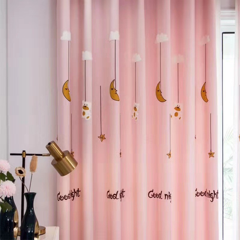 韩式女孩粉色窗帘成品卧室可爱卡通月亮熊落地窗帘布儿童房