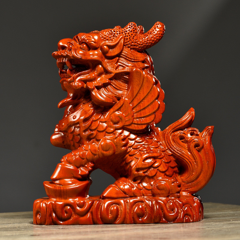 5zw批发红花梨木雕麒麟一对摆件新中式动物家居客厅装饰桌面办公