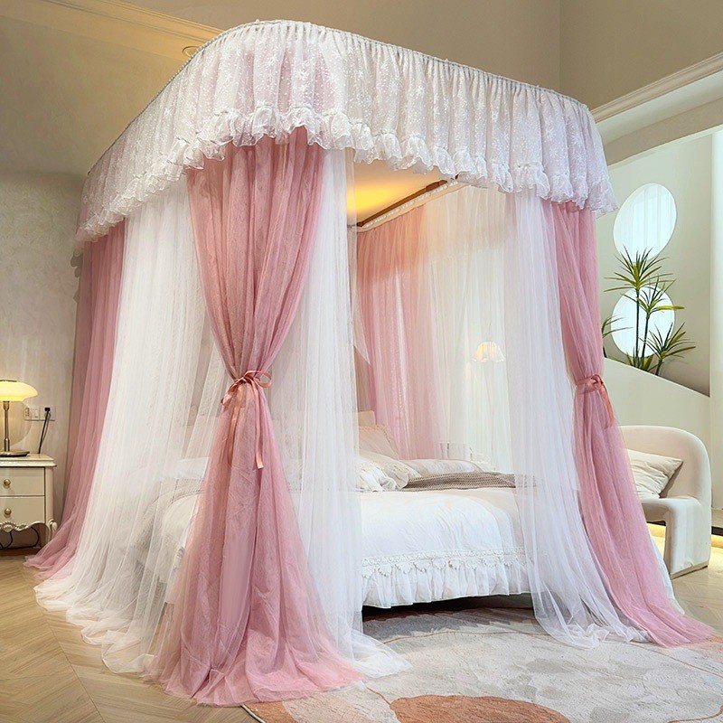 一体式铝合金u型导轨蚊帐双层纱落地蚊帐可升降门蚊帐三开宫廷