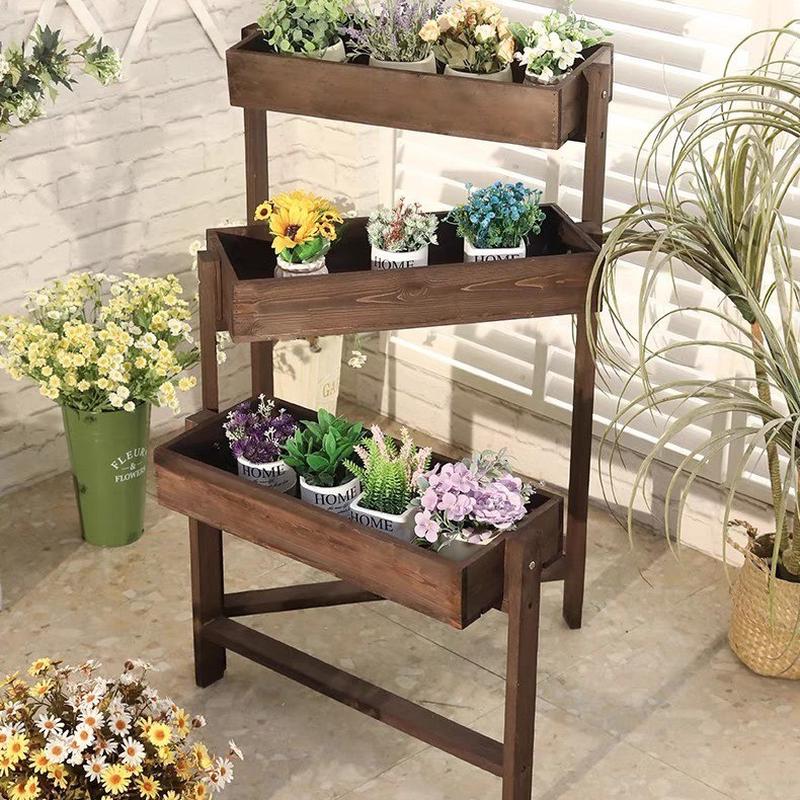 热销室内阳台花架子多层木头落地梯形防腐实木三层室外花店木质置