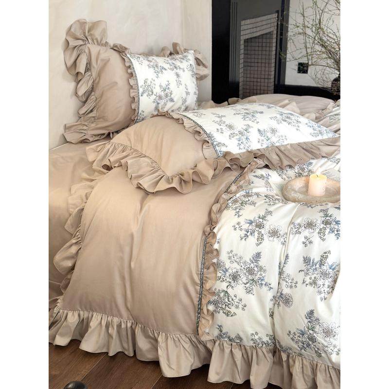热销43N法式四件套复古风花卉印花纯棉荷叶花边被套床单1.8m床上