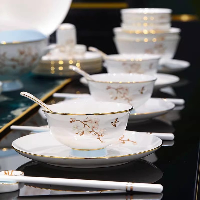 新中式高档轻奢骨瓷餐具家用碗碟套装景德镇简约陶瓷碗盘乔迁礼品