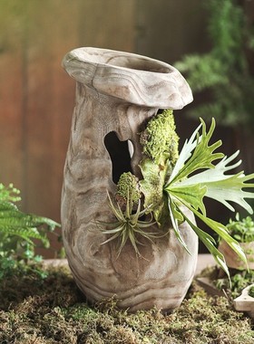 花瓶镂空猪笼草实木诧寂风民宿装饰摆件创意设计复古做旧玄关花器