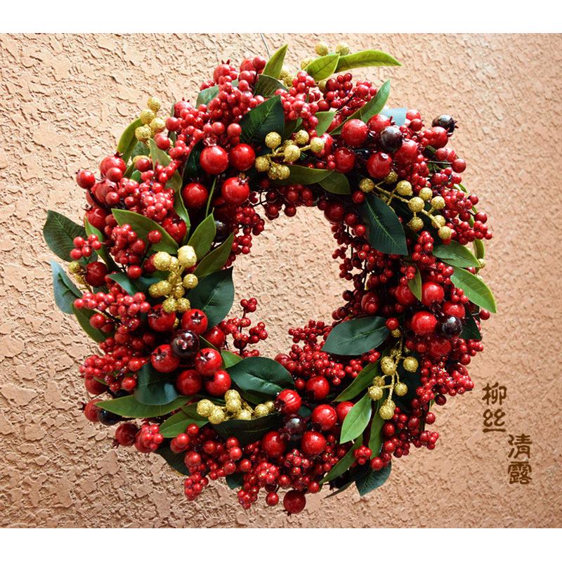 热销圣诞花环红果门饰挂件仿真植物叶子浆果藤圈挂饰橱窗道具壁挂