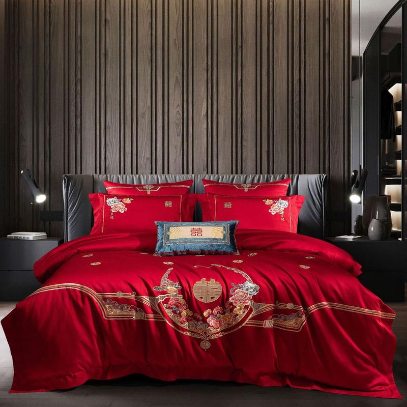 婚庆家纺四件套大红色100支棉结婚套件新婚床单被套婚礼床上用品
