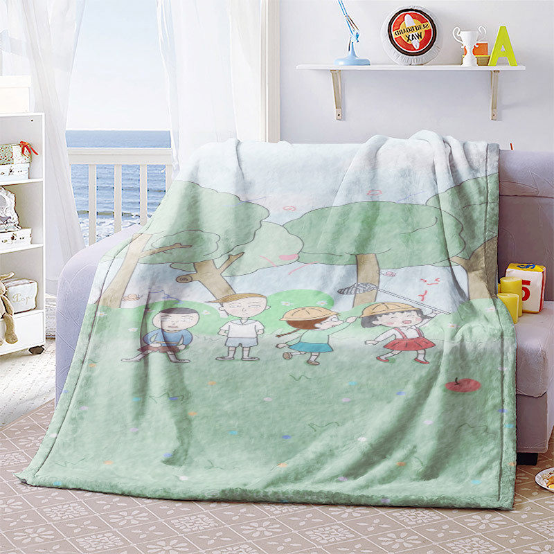 来图定制卡通可爱毛毯小被子可樱桃小丸子图案午睡折边毯子新款