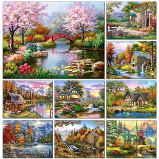 Emb Full DIY Diamond Painting Round House Landscape Drill