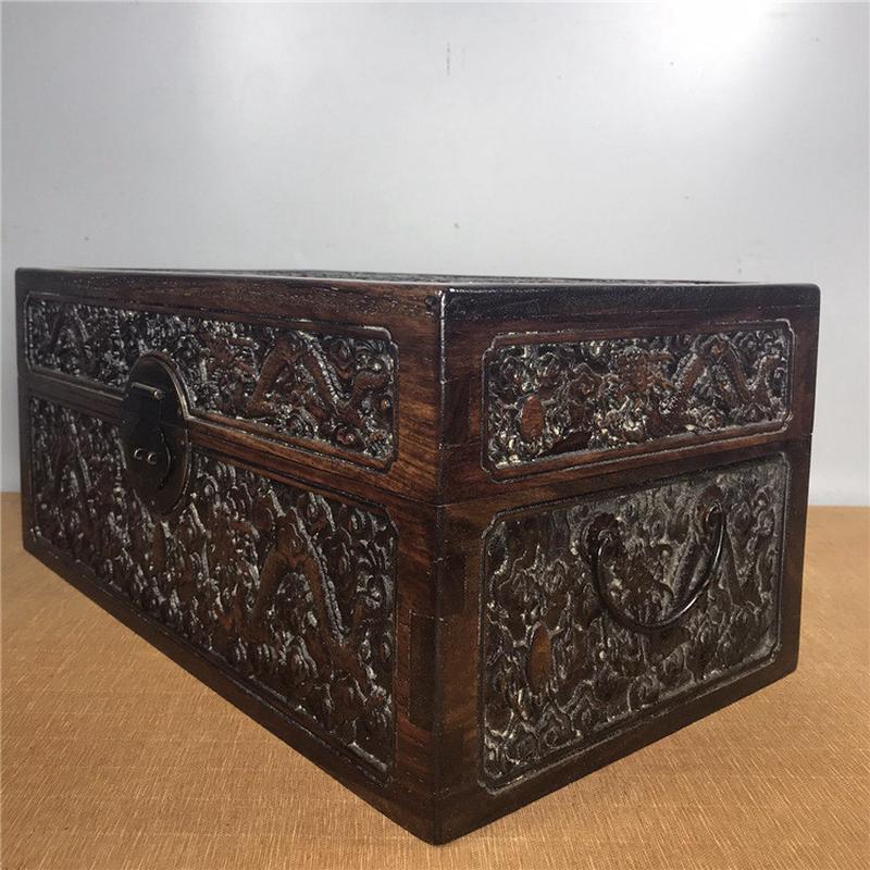 古玩木器老花梨草浮雕二龙戏珠木箱收纳箱古典怀旧老物件收藏