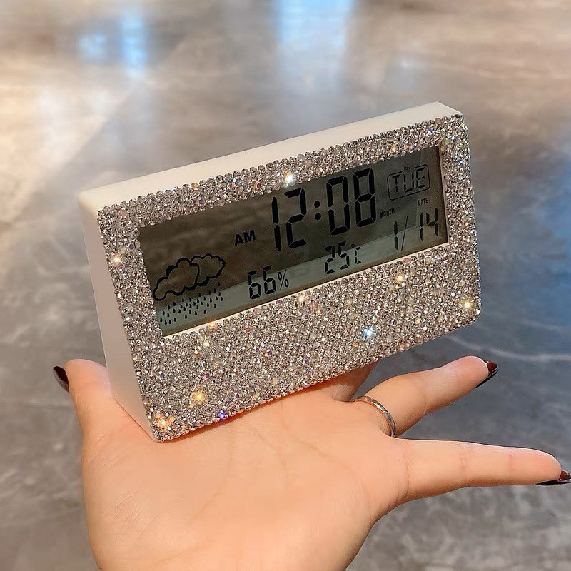 创意镶钻镜面闹钟多功能带温度湿度显示床头电子智能天气台钟钟表