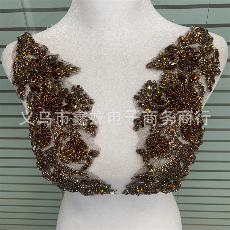 1对重工钉珠订钻花边奢华珠绣对花领口胸花diy配饰贴花服装花朵