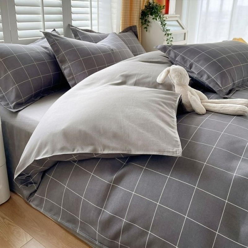 简约加厚斜纹棉四件套双人床单被套三件套日系格子条纹款被罩外贸