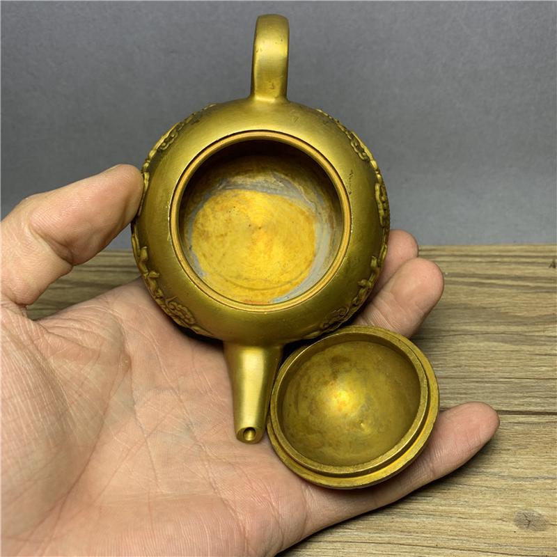 古玩老物件壶铜双龙戏珠铜茶壶精工鎏金铜壶水酒老古董收藏小摆件