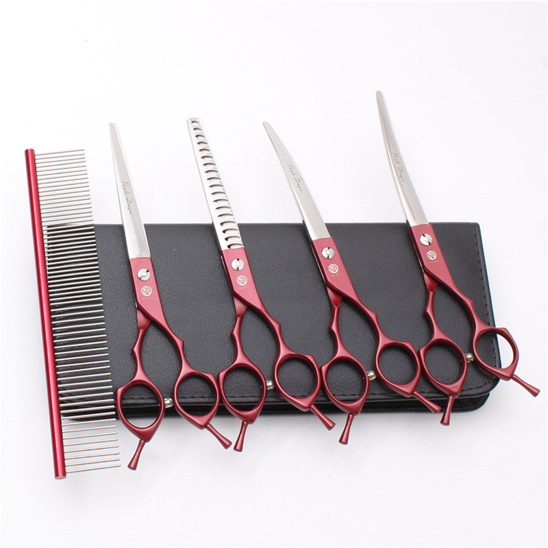 紫龙红色宠物剪刀上下剪平剪直弯翘剪鱼骨牙剪美容套装6.5/7英寸