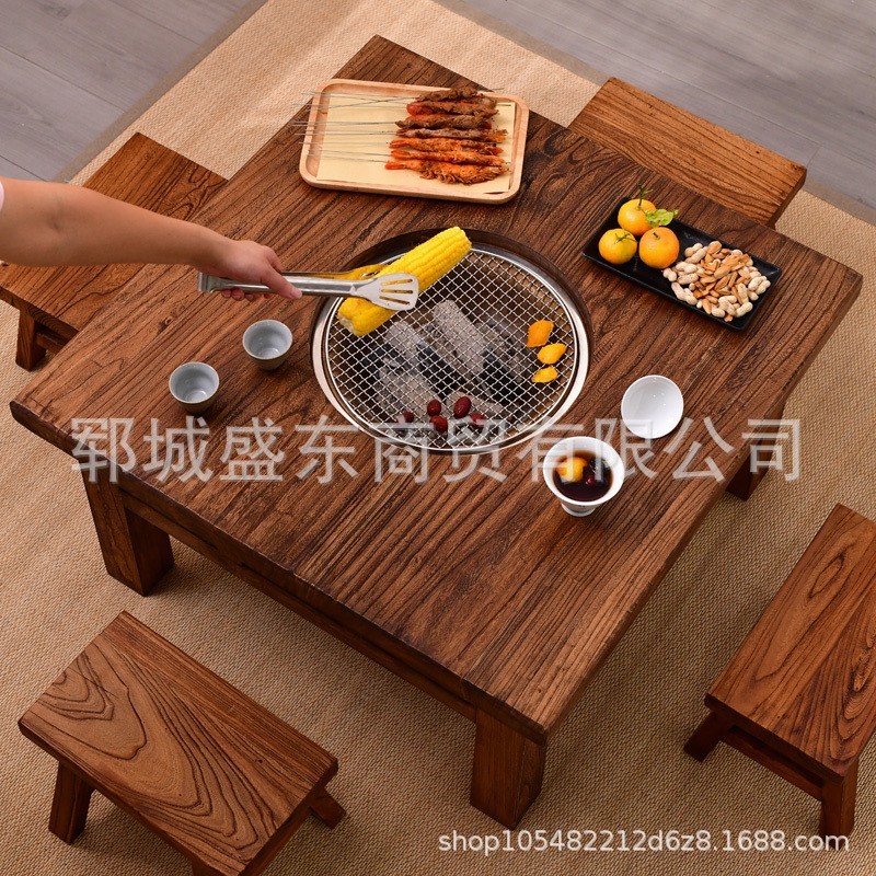 热销榆木围炉煮茶方桌阳台煮茶桌复古泡茶桌家用烧烤桌老榆木火锅