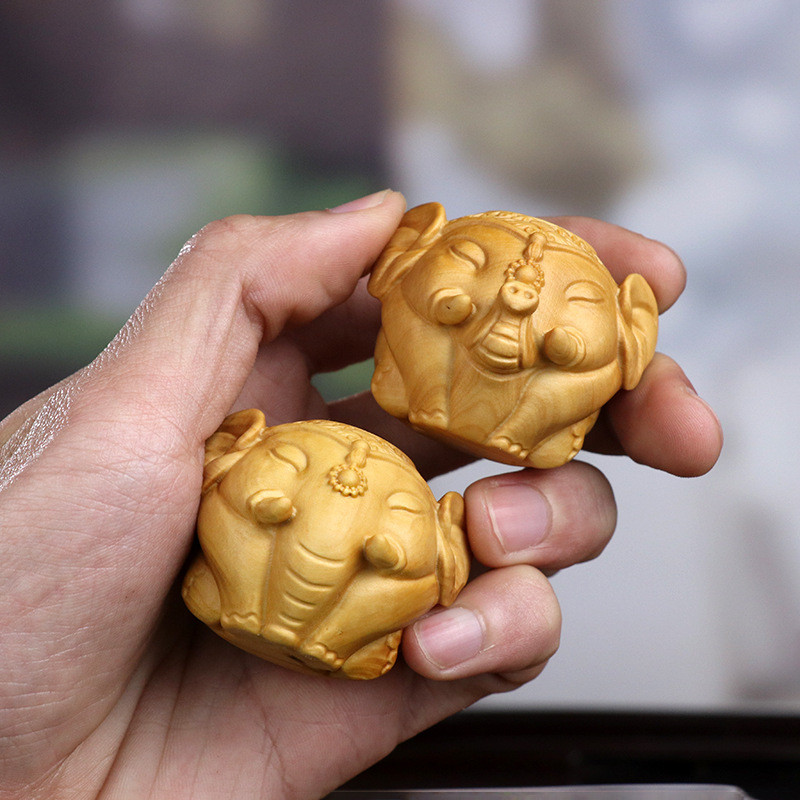 黄杨木雕福禄家居摆件文玩手把件木质财车挂动物大象新中式吉祥
