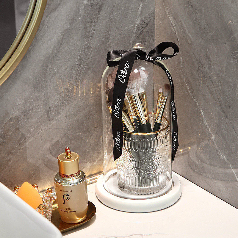 qd4d化妆刷收纳筒防尘玻璃带盖透明新款桌面梳妆台眉笔眼影刷桶置