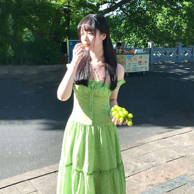 法式气质清冷感绿色碎花吊带