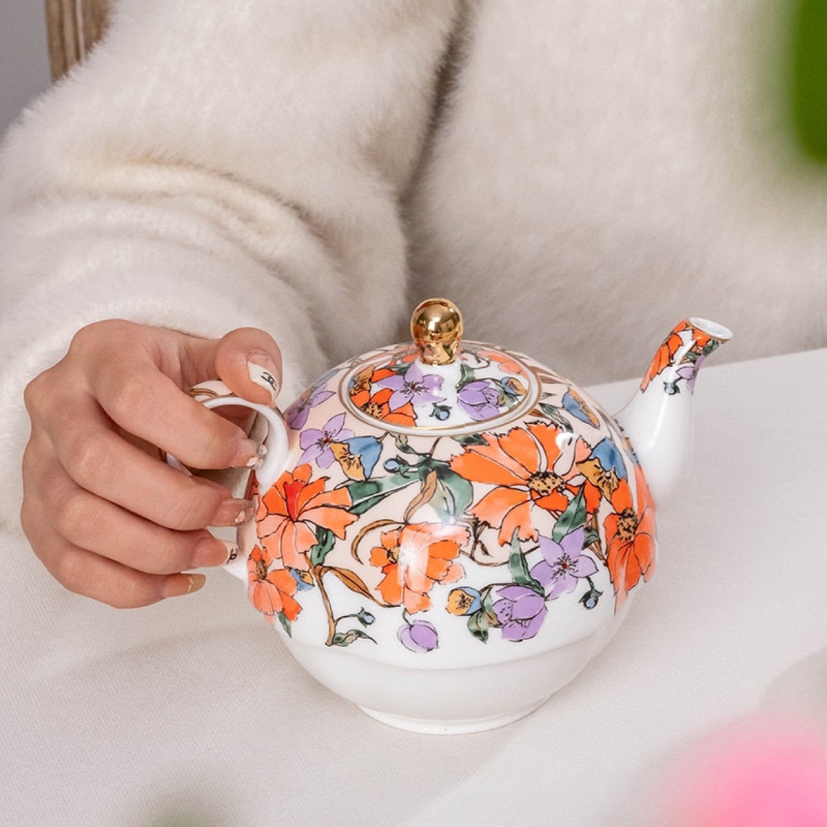 热销ammiee系列花似旧怜骨瓷花瓣型子母壶茶具套装骨质瓷家用送礼